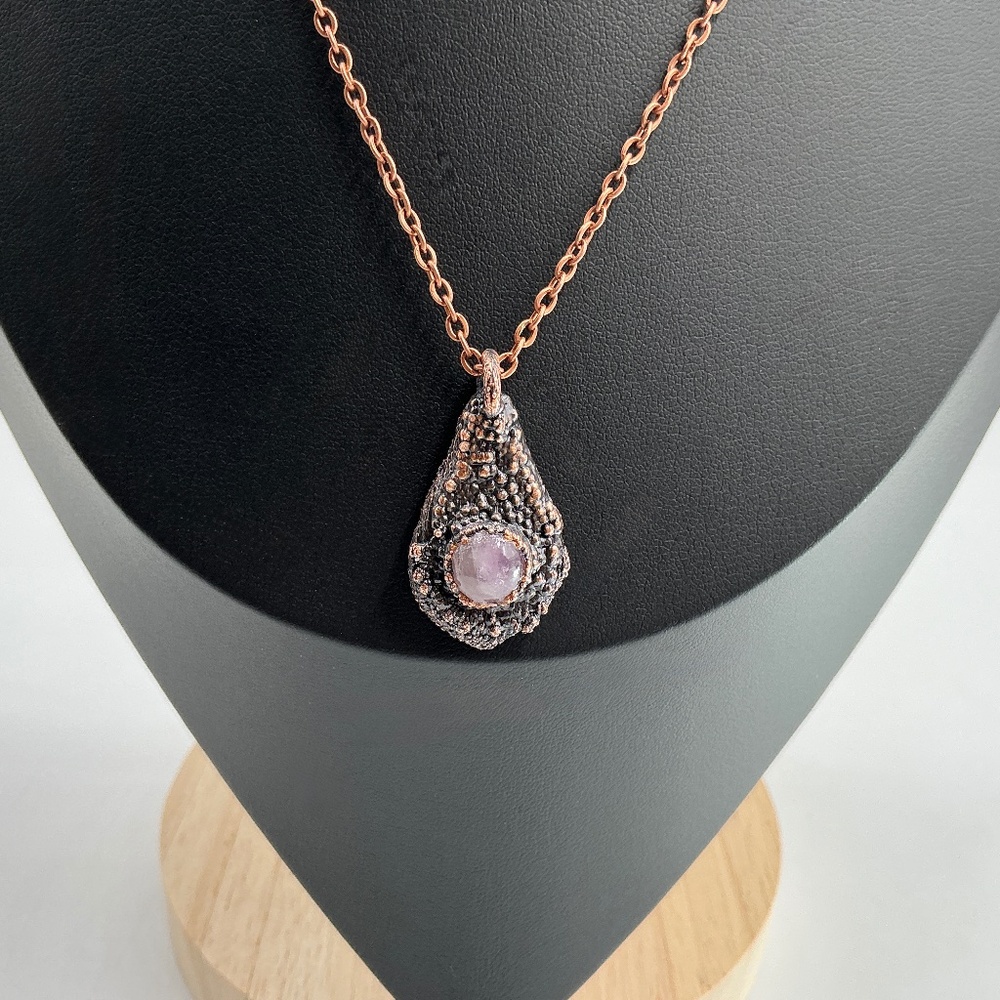 Copper Necklace Amethyst Gem Stone Handmade Jewelry Tear Drop Pendant 20” Chain